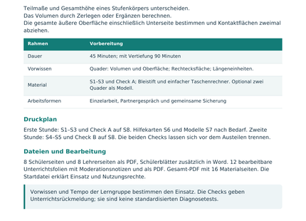 Zusammengesetzte Körper berechnen – Lehrerübersicht mit Lernzielen und Druckplan
