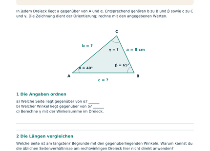 Sinus- und Kosinussatz – Schülerblatt S1 mit beschriftetem Dreieck und Gegenüberpaaren