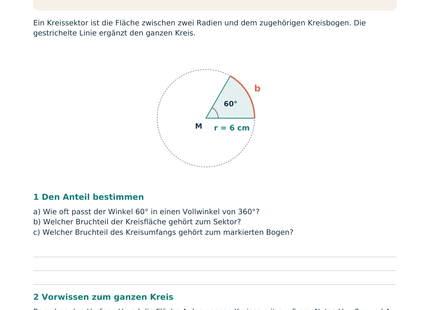 Kreisbogen und Kreissektor – Schülerblatt S1 mit beschriftetem Kreissektor und Winkelanteil