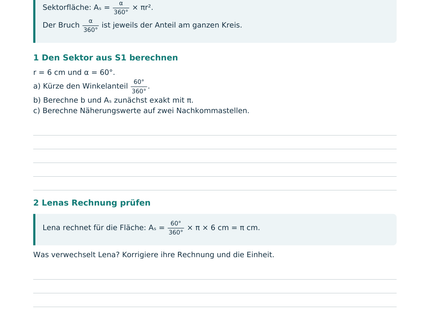 Kreisbogen und Kreissektor – Schülerblatt S2 mit Bogen- und Flächenformeln mit waagerechten Bruchstrichen