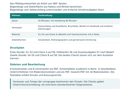 Kreisbogen und Kreissektor – Lehrerübersicht mit Lernzielen und Druckplan