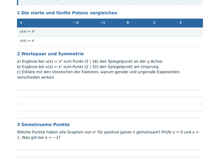 Potenzfunktionen und ihre Graphen – Schülerblatt S2 mit geraden und ungeraden Exponenten