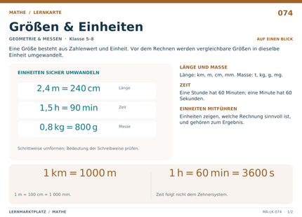 Mathe: Größen & Einheiten – A5-Lernkarte mit Formeln und Selbstcheck