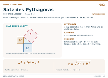 Mathe: Satz des Pythagoras – A5-Lernkarte mit Formeln und Selbstcheck