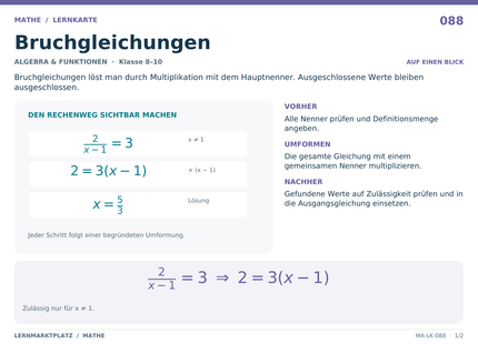 Mathe: Bruchgleichungen – A5-Lernkarte mit Formeln und Selbstcheck