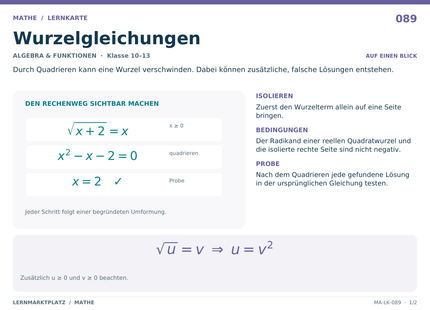 Mathe: Wurzelgleichungen – A5-Lernkarte mit Formeln und Selbstcheck