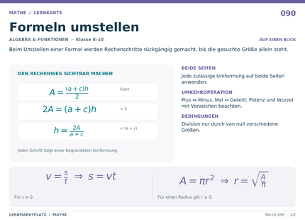 Mathe: Formeln umstellen – A5-Lernkarte mit Formeln und Selbstcheck