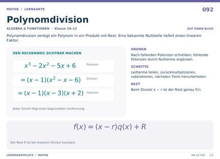 Mathe: Polynomdivision – A5-Lernkarte mit Formeln und Selbstcheck