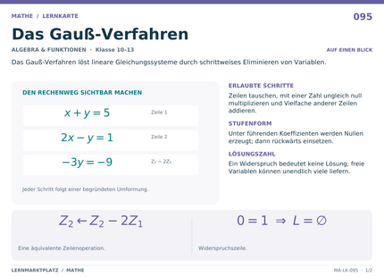 Mathe: Das Gauß-Verfahren – A5-Lernkarte mit Formeln und Selbstcheck