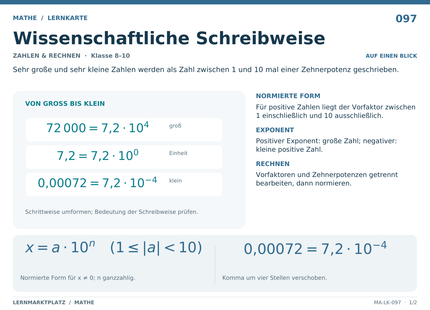 Mathe: Wissenschaftliche Schreibweise – A5-Lernkarte mit Formeln und Selbstcheck