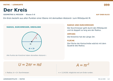 Mathe: Der Kreis – A5-Lernkarte mit Formeln und Selbstcheck