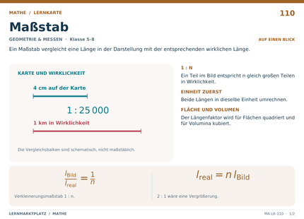 Mathe: Maßstab – A5-Lernkarte mit Formeln und Selbstcheck