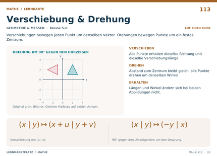 Mathe: Verschiebung & Drehung – A5-Lernkarte mit Formeln und Selbstcheck