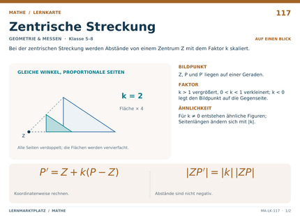 Mathe: Zentrische Streckung – A5-Lernkarte mit Formeln und Selbstcheck