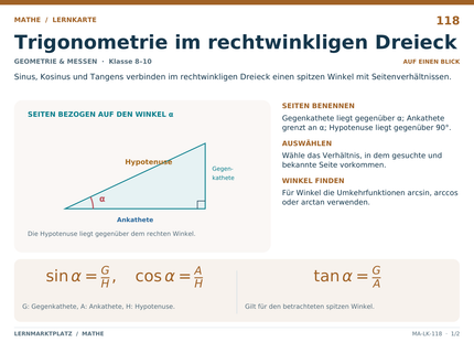 Mathe: Trigonometrie im rechtwinkligen Dreieck – A5-Lernkarte mit Formeln und Selbstcheck