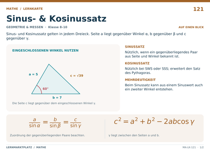 Mathe: Sinus- & Kosinussatz – A5-Lernkarte mit Formeln und Selbstcheck