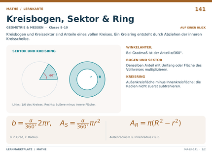 Mathe: Kreisbogen, Sektor & Ring – A5-Lernkarte mit Formeln und Selbstcheck