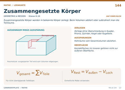 Mathe: Zusammengesetzte Körper – A5-Lernkarte mit Formeln und Selbstcheck