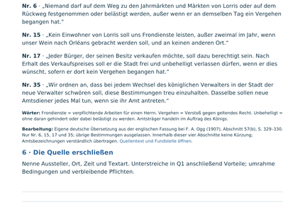 Originales Quellenblatt: vier Bestimmungen aus dem Stadtrechtsprivileg von Lorris