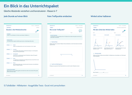 Einblick in die Ablaufkarten und Schülerblätter: faire Treffpunkte entdecken und Winkel mit Zirkel und Lineal halbieren