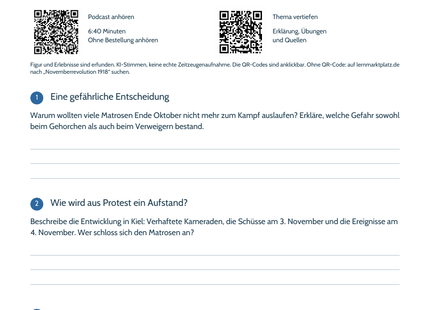 Hörarbeitsblatt zum Podcast Novemberrevolution 1918 mit Paul, Höraufgaben und QR-Codes