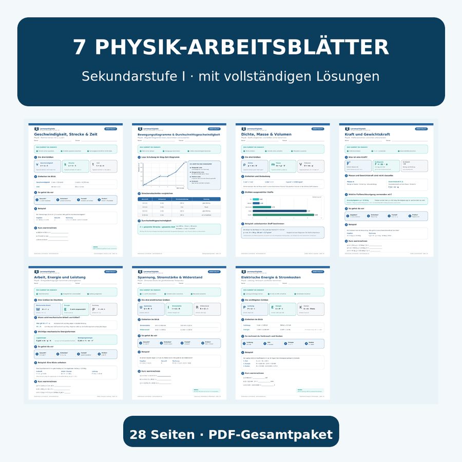 Gesamtpaket mit sieben Physik-Arbeitsblättern für die Sekundarstufe I