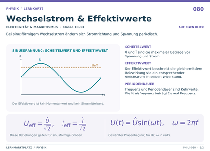 Physik: Wechselstrom & Effektivwerte – A5-Lernkarte mit Formeln und Selbstcheck