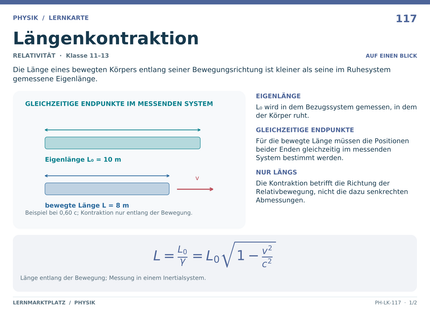 Physik: Längenkontraktion – A5-Lernkarte mit Formeln und Selbstcheck