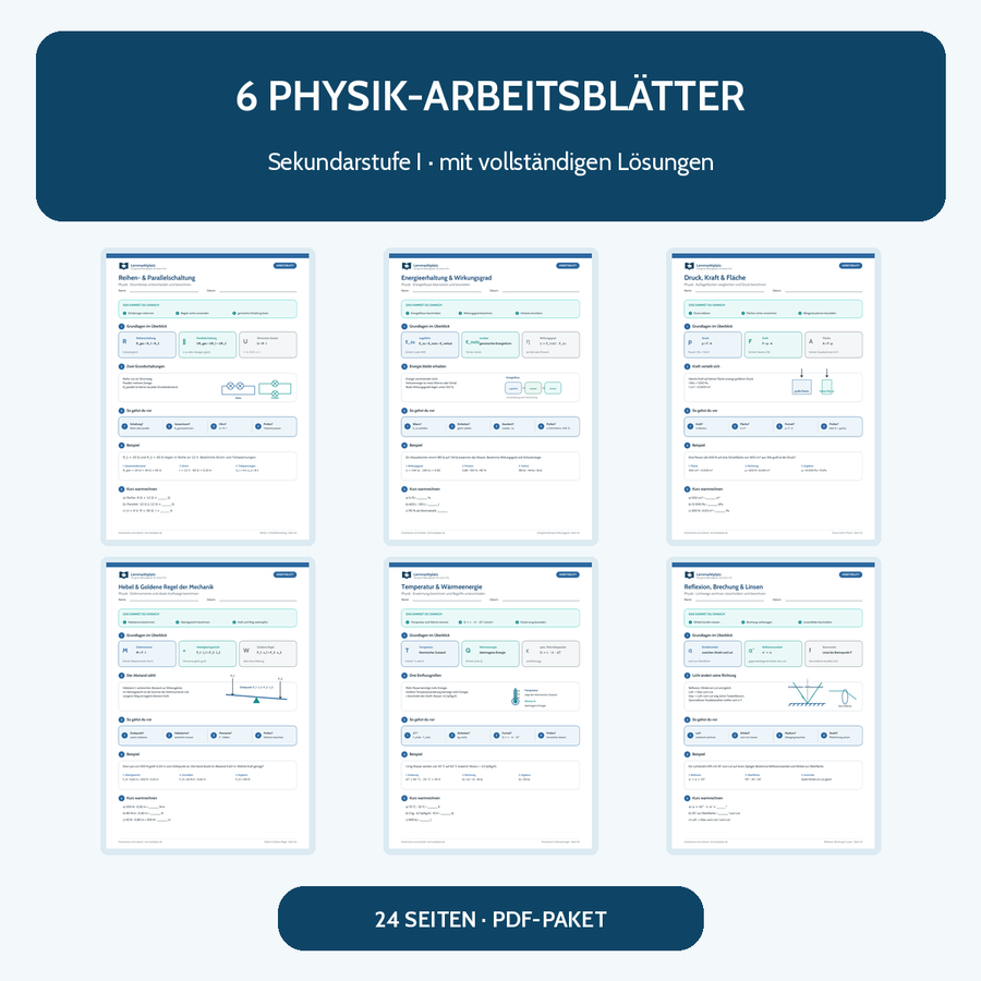 Sechs kostenlose Physik-Arbeitsblätter für die Sekundarstufe I mit Lösungen