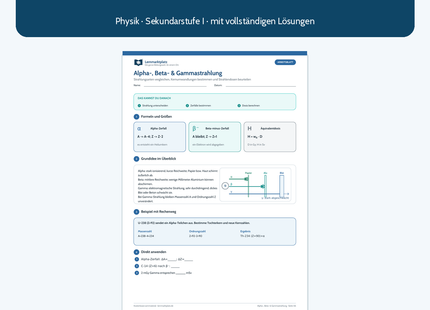 Alpha-, Beta- und Gammastrahlung – kostenloses Physik-Arbeitsblatt mit Lösungen