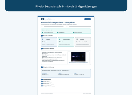 Atommodell, Energiestufen und Linienspektren – kostenloses Physik-Arbeitsblatt mit Lösungen