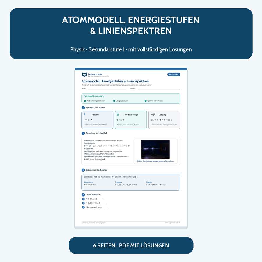 Atommodell, Energiestufen und Linienspektren – kostenloses Physik-Arbeitsblatt mit Lösungen