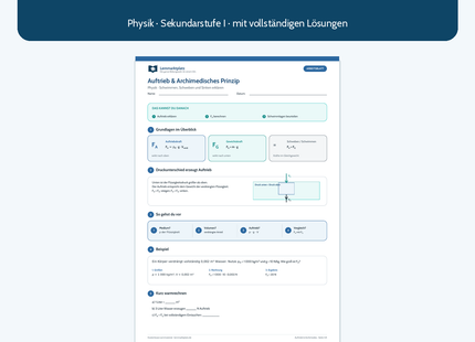 Auftrieb und Archimedisches Prinzip – kostenloses Physik-Arbeitsblatt mit Lösungen