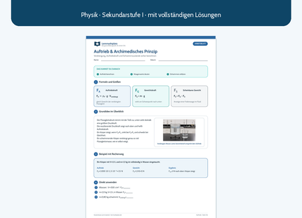 Auftrieb und Archimedisches Prinzip – kostenloses Physik-Arbeitsblatt mit Lösungen