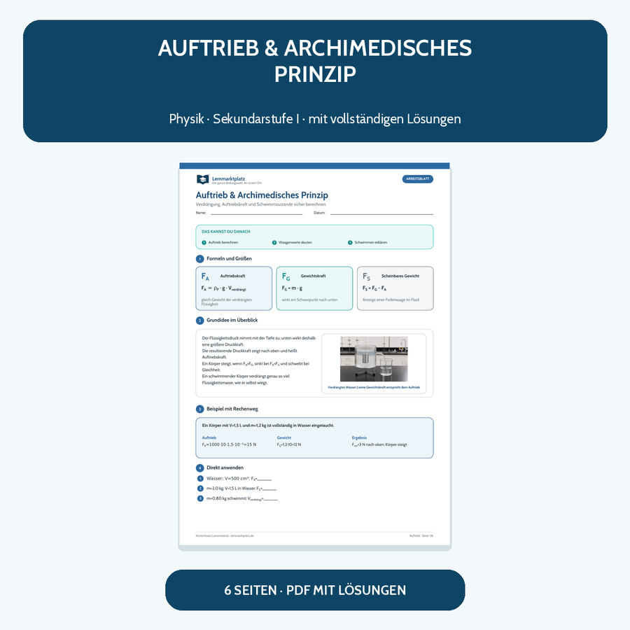 Auftrieb und Archimedisches Prinzip – kostenloses Physik-Arbeitsblatt mit Lösungen