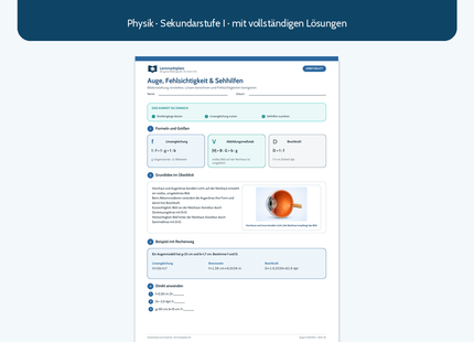 Auge, Fehlsichtigkeit und Sehhilfen – Physik-Arbeitsblatt mit Lösungen