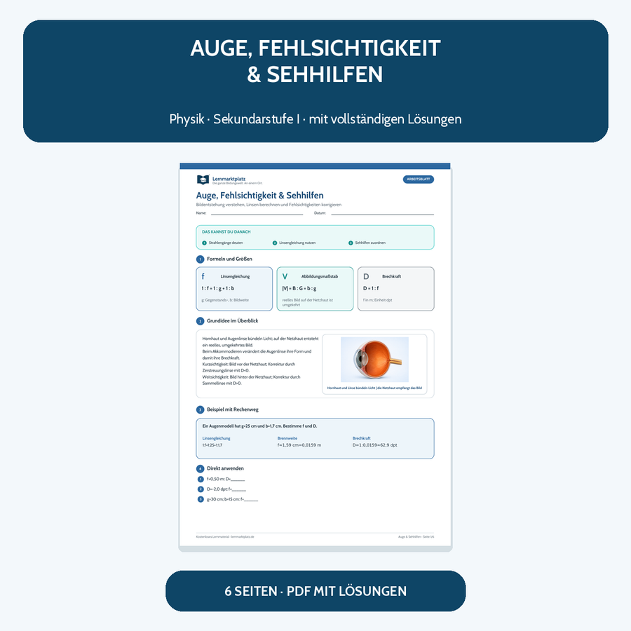 Auge, Fehlsichtigkeit und Sehhilfen – Physik-Arbeitsblatt mit Lösungen