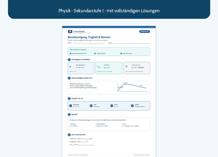 Beschleunigung, Trägheit und Newton – kostenloses Physik-Arbeitsblatt mit Lösungen