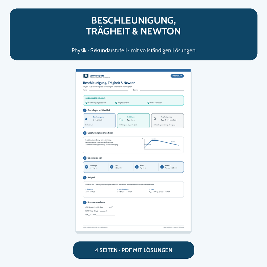 Beschleunigung, Trägheit und Newton – kostenloses Physik-Arbeitsblatt mit Lösungen