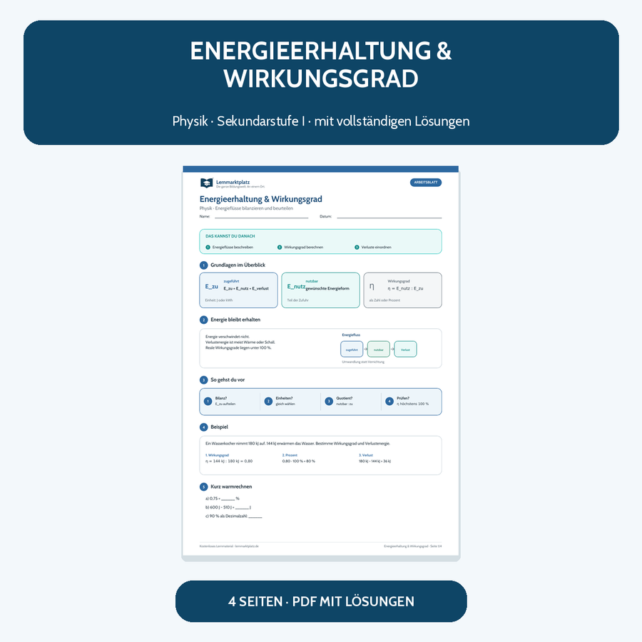 Energieerhaltung und Wirkungsgrad – kostenloses Physik-Arbeitsblatt mit Lösungen
