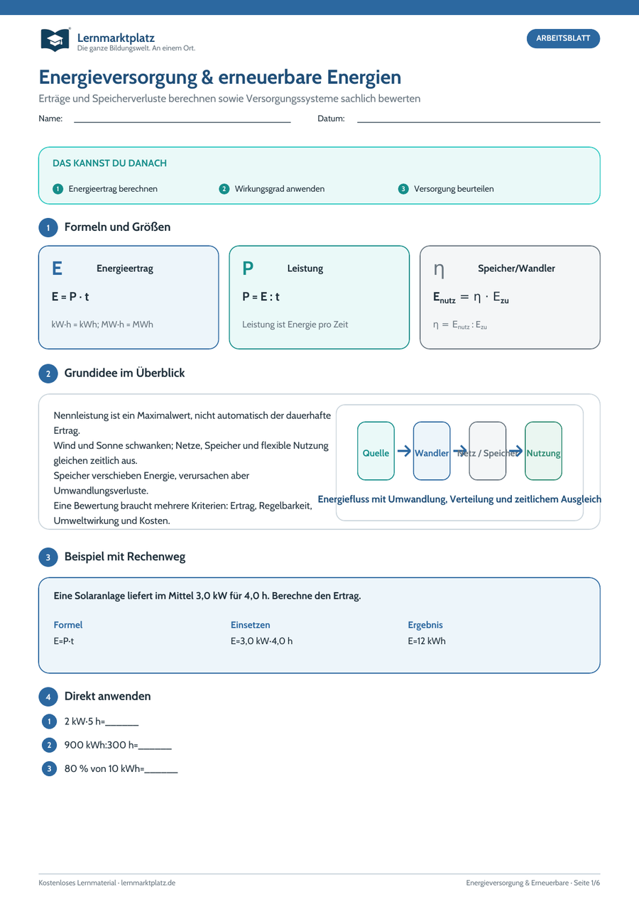 Energieversorgung und erneuerbare Energien – kostenloses Physik-Arbeitsblatt mit Lösungen