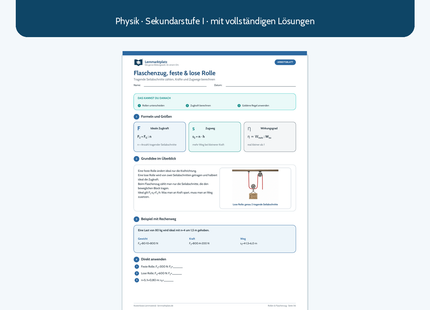 Flaschenzug, feste und lose Rolle – kostenloses Physik-Arbeitsblatt mit Lösungen