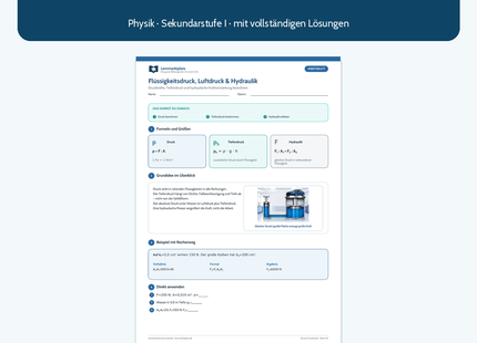 Flüssigkeitsdruck, Luftdruck und Hydraulik – kostenloses Physik-Arbeitsblatt mit Lösungen