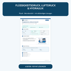Flüssigkeitsdruck, Luftdruck und Hydraulik – kostenloses Physik-Arbeitsblatt mit Lösungen
