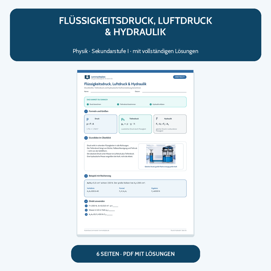 Flüssigkeitsdruck, Luftdruck und Hydraulik – kostenloses Physik-Arbeitsblatt mit Lösungen