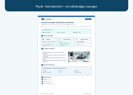 Formeln umstellen und Einheiten umrechnen – kostenloses Physik-Arbeitsblatt mit Lösungen
