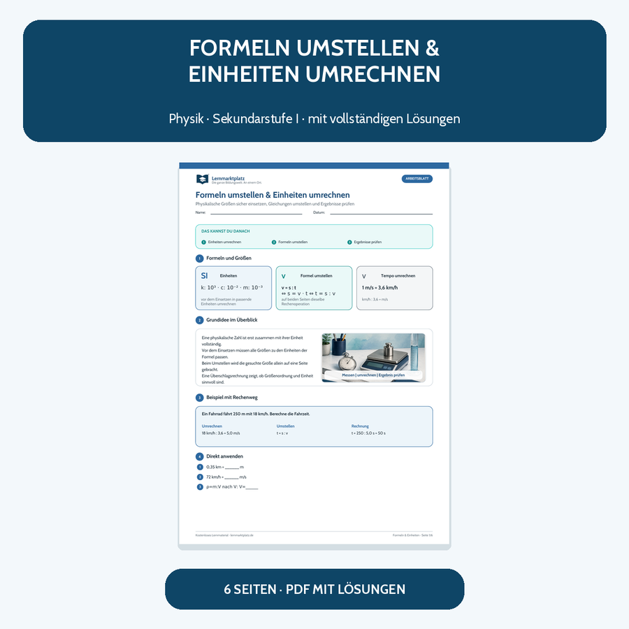 Formeln umstellen und Einheiten umrechnen – kostenloses Physik-Arbeitsblatt mit Lösungen