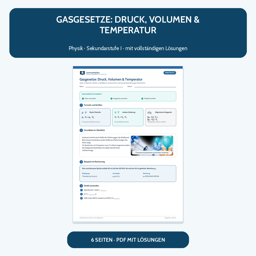 Gasgesetze: Druck, Volumen und Temperatur – kostenloses Physik-Arbeitsblatt mit Lösungen
