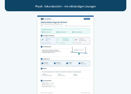 Hebel und Goldene Regel der Mechanik – kostenloses Physik-Arbeitsblatt mit Lösungen
