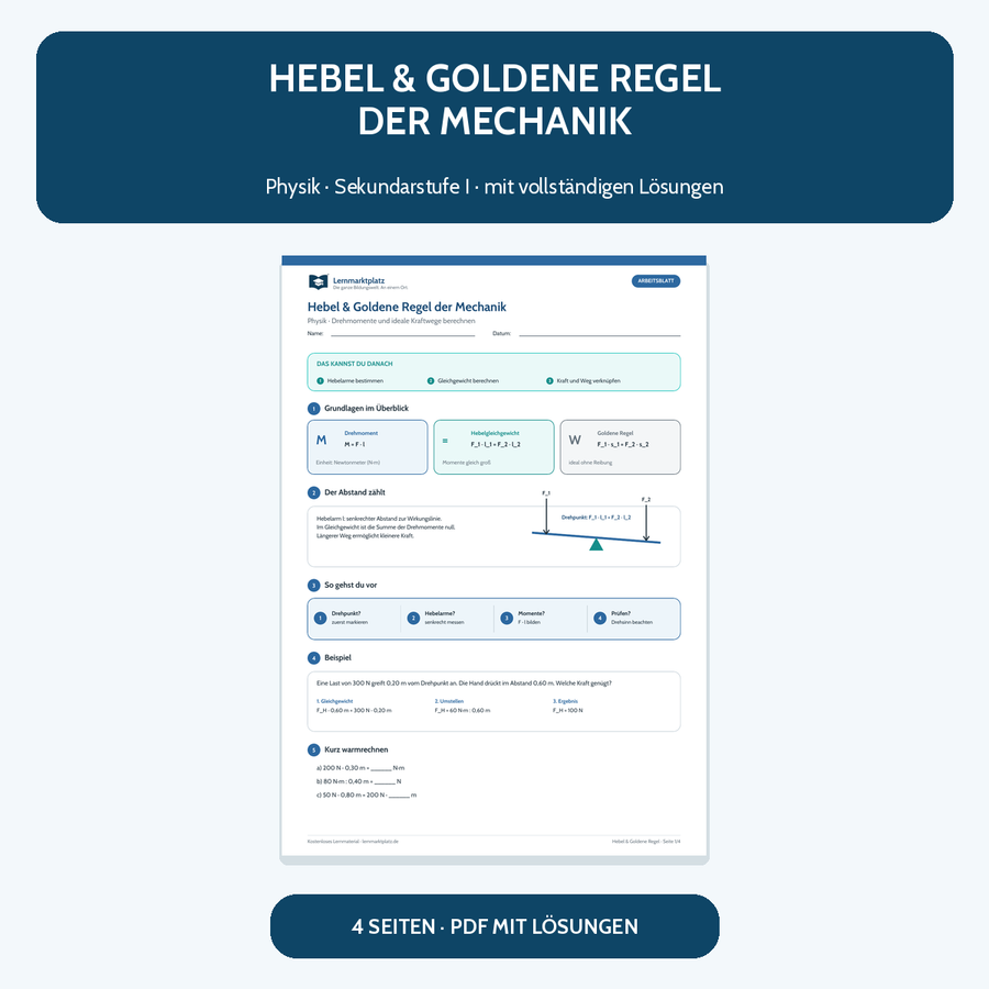 Hebel und Goldene Regel der Mechanik – kostenloses Physik-Arbeitsblatt mit Lösungen